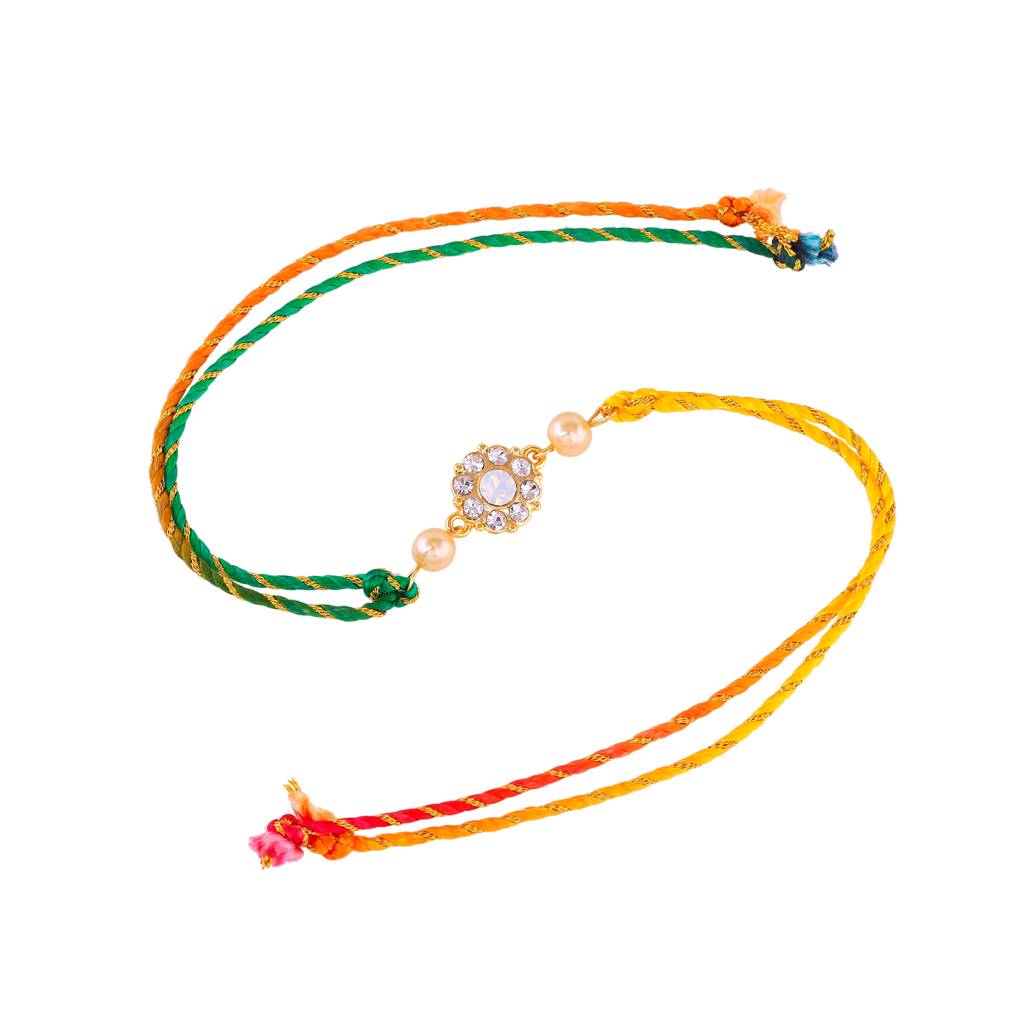 lated Floral Designer Bhaiya Bhabhi Rakhi Set With White Austrian Crystals And Pearls With Silk Multi-Color Thread : 209-IGRAKHI