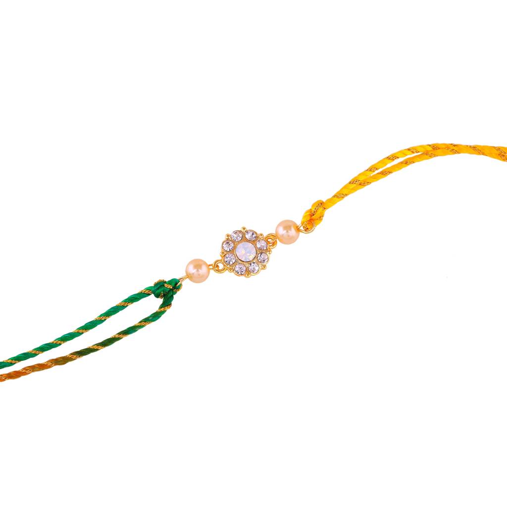 lated Floral Designer Bhaiya Bhabhi Rakhi Set With White Austrian Crystals And Pearls With Silk Multi-Color Thread : 209-IGRAKHI