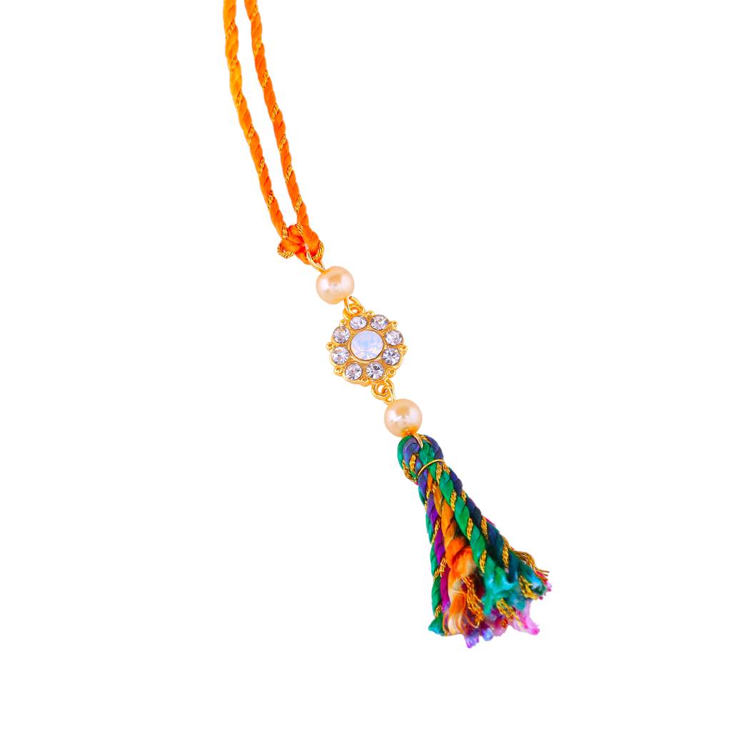 lated Floral Designer Bhaiya Bhabhi Rakhi Set With White Austrian Crystals And Pearls With Silk Multi-Color Thread : 209-IGRAKHI
