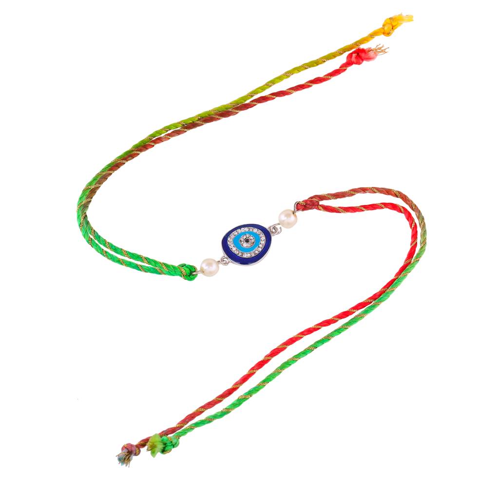 Eye Rakhi Set For Bhaiya Bhabhi With Navy Blue Enamel And White Austrian Crystals & Pearls With Fancy Silk Thread : 283-IRRAKHI