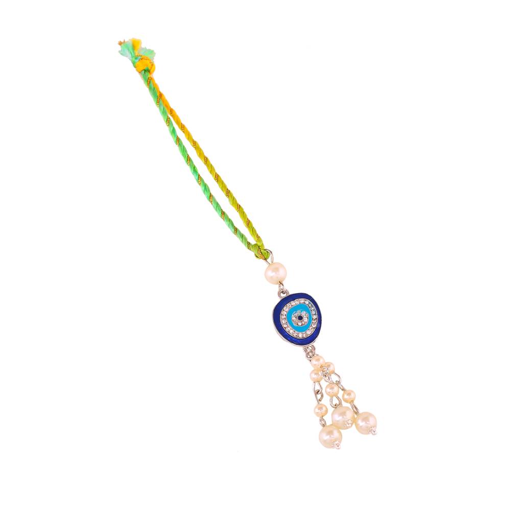  Eye Rakhi Set For Bhaiya Bhabhi With Navy Blue Enamel And White Austrian Crystals & Pearls With Fancy Silk Thread : 283-IRRAKHI