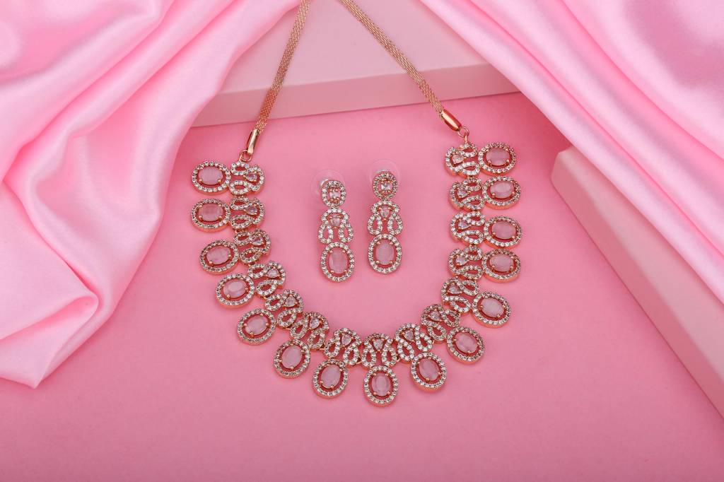 Estele Rose Gold Plated Cz Ravishing Necklace Set With Mint Pink Crystals For Women : AD-699-RG-MPNKER