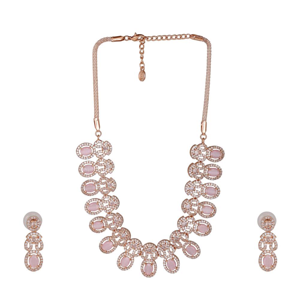 Estele Rose Gold Plated Cz Ravishing Necklace Set With Mint Pink Crystals For Women : AD-699-RG-MPNKER
