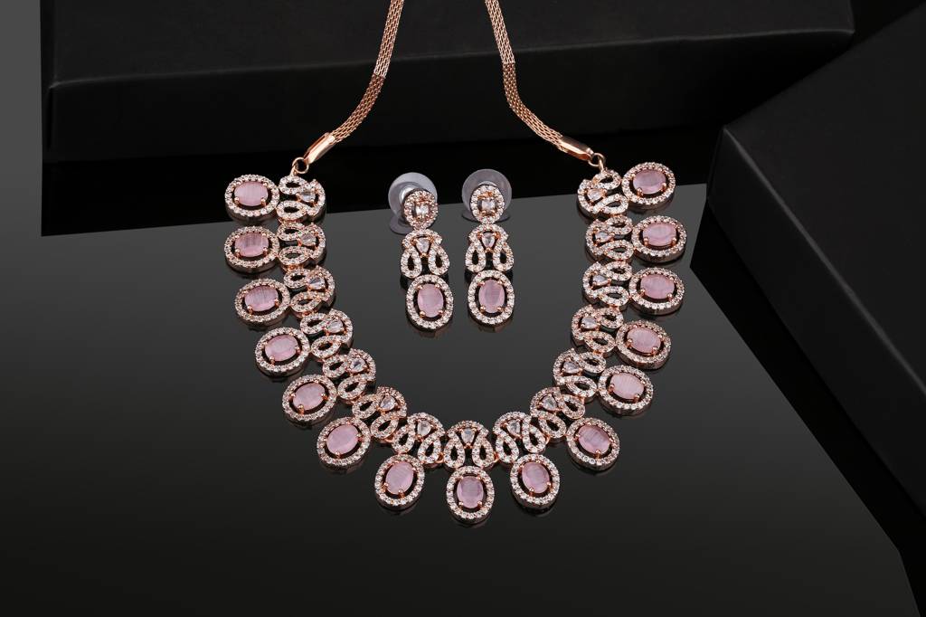 Estele Rose Gold Plated Cz Ravishing Necklace Set With Mint Pink Crystals For Women : AD-699-RG-MPNKER