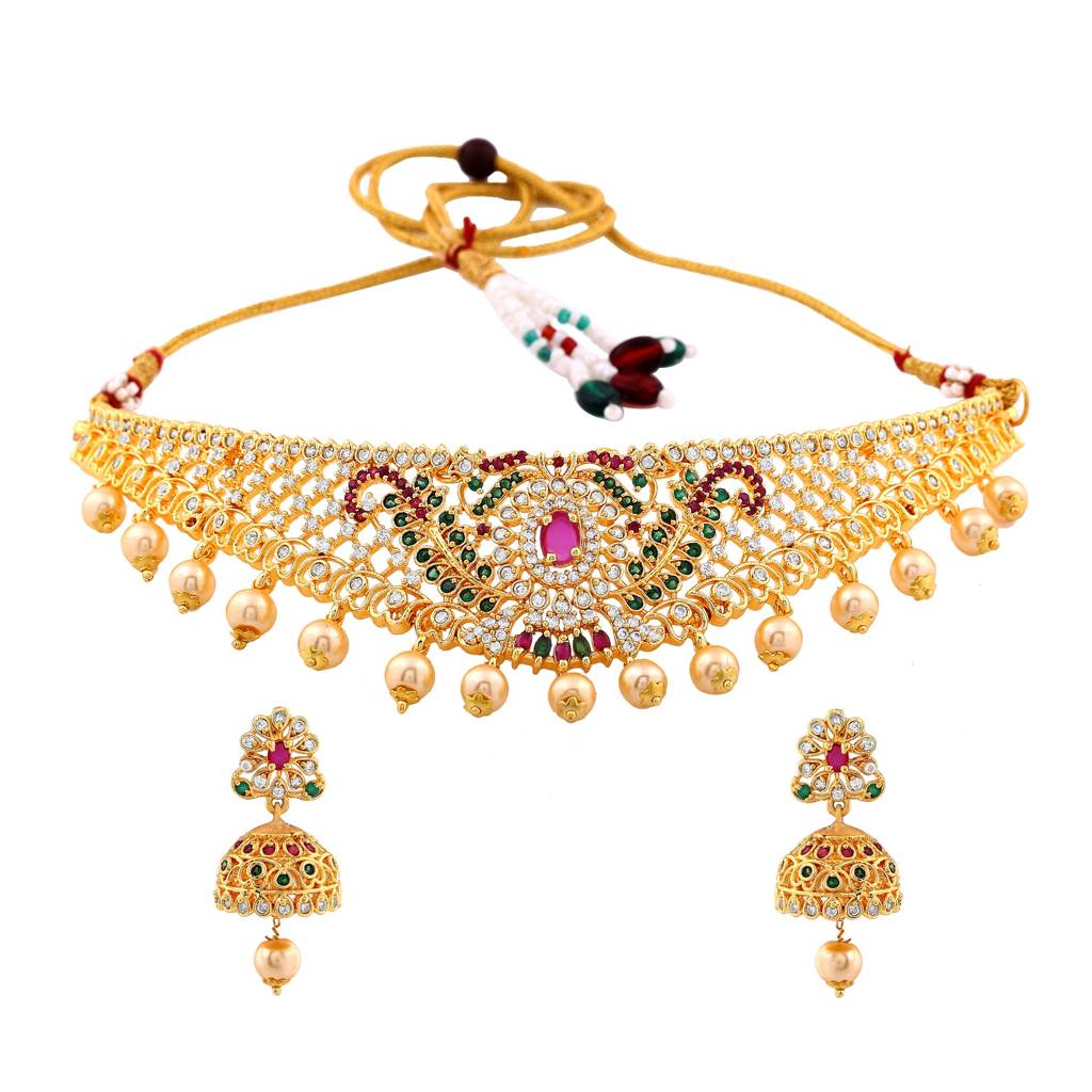 Estele Gold Plated Cz Dazzling Bridal Choker Necklace Set With Pearls For Women (Set Of 2) : AD-543-IGNKER