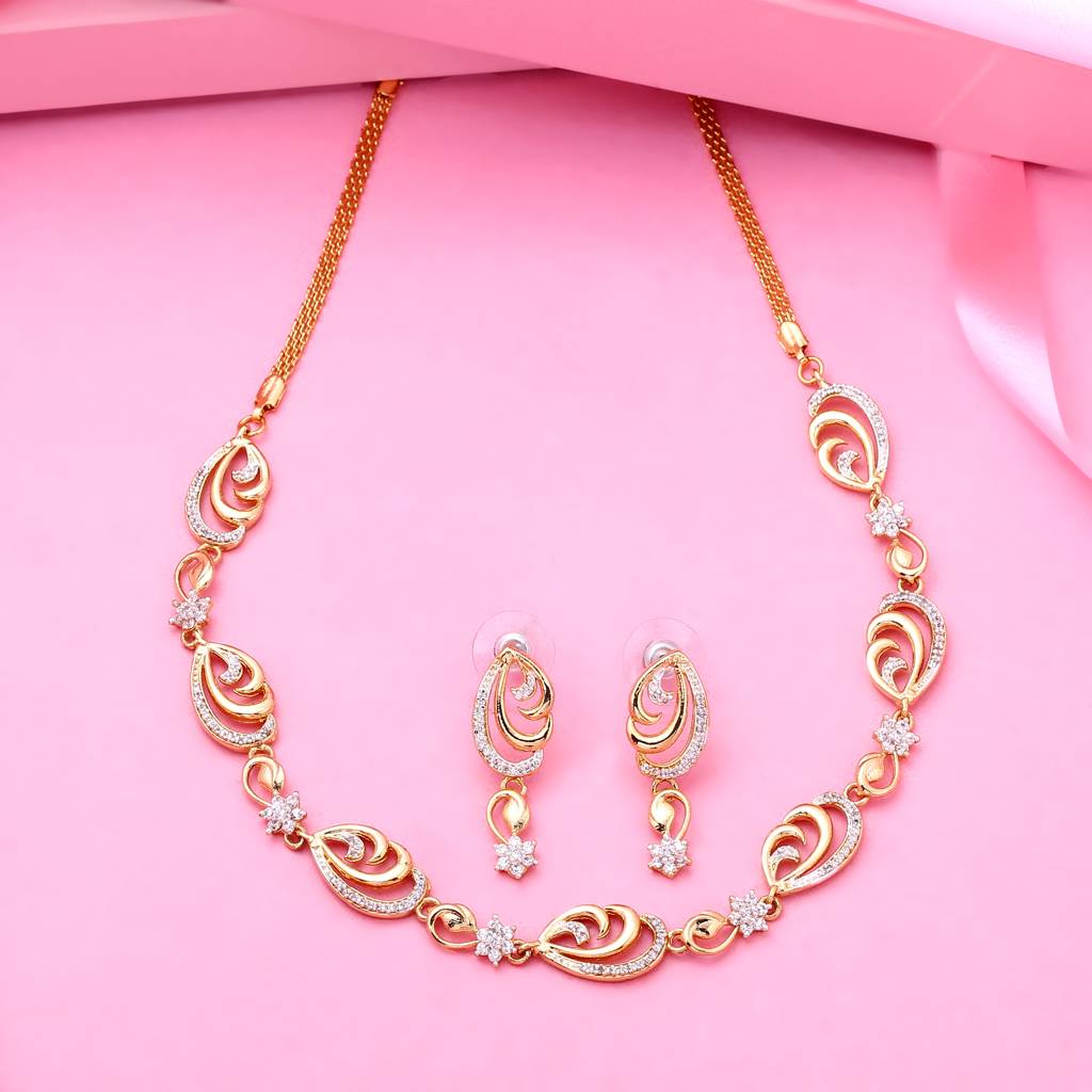 Estele Gold Plated Sartdust Flower Designer Necklace With Crystals For Women (Set Of 2) : 536NKER
