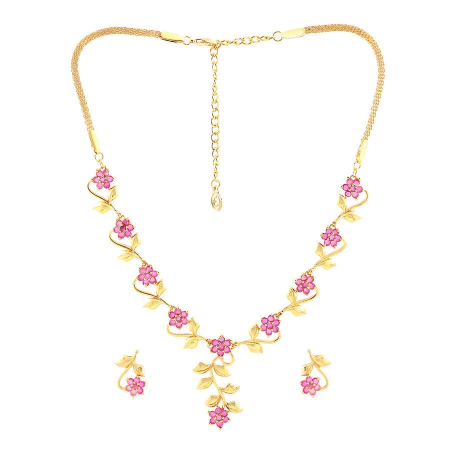 Estele Gold Plated Traditional Flower Designer Jewellery Set With Ruby Stones For Women : AD-405NKER