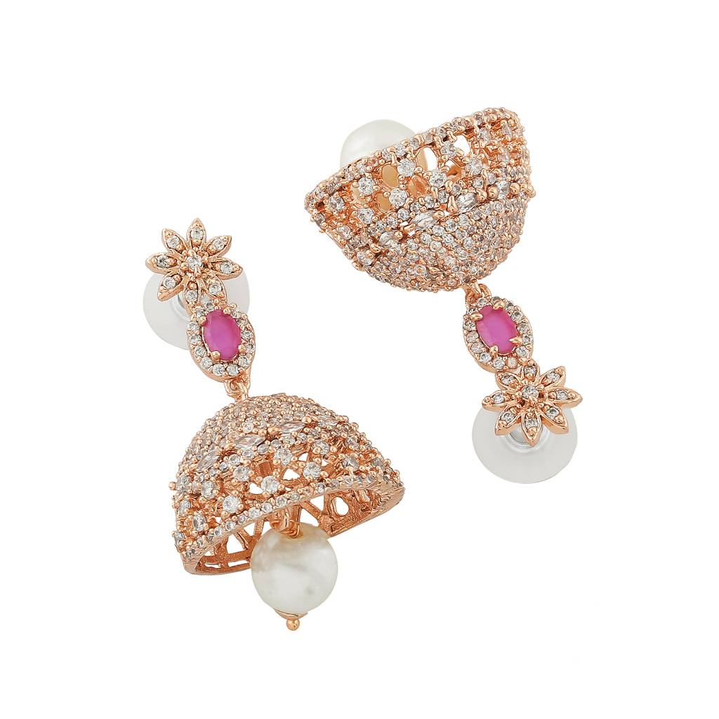 Estele Rose Gold Plated Cz Designer Jaliwala Jhumka Earrings Ruby Crystals For Women : AD-569A-RG-ERER