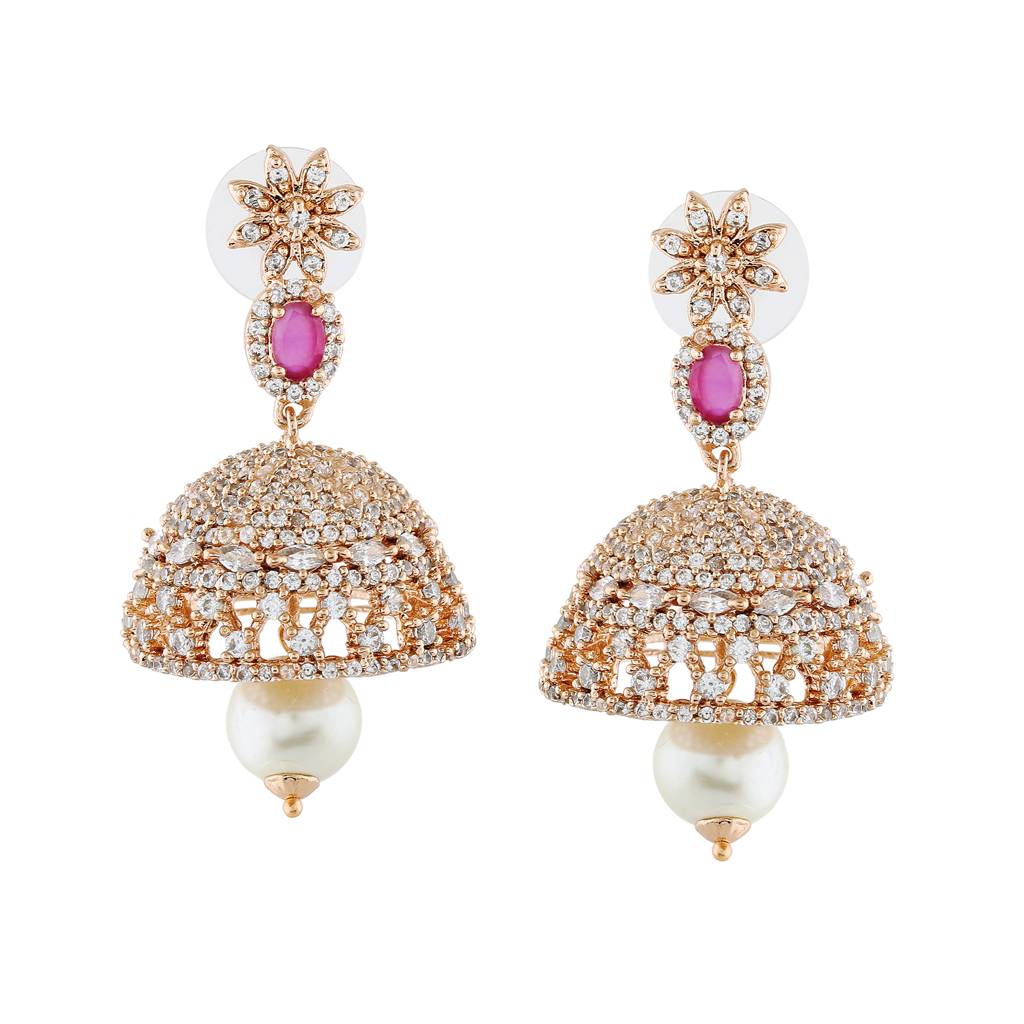 Estele Rose Gold Plated Cz Designer Jaliwala Jhumka Earrings Ruby Crystals For Women : AD-569A-RG-ERER