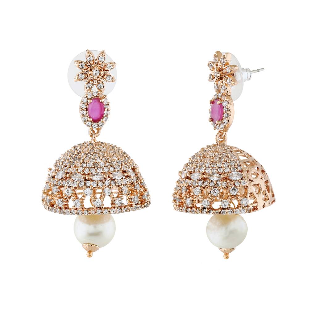 Estele Rose Gold Plated Cz Designer Jaliwala Jhumka Earrings Ruby Crystals For Women : AD-569A-RG-ERER