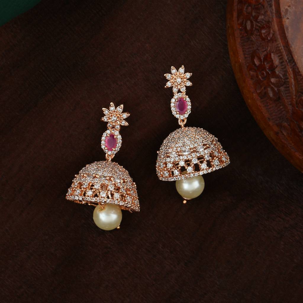 Estele Rose Gold Plated Cz Designer Jaliwala Jhumka Earrings Ruby Crystals For Women : AD-569A-RG-ERER