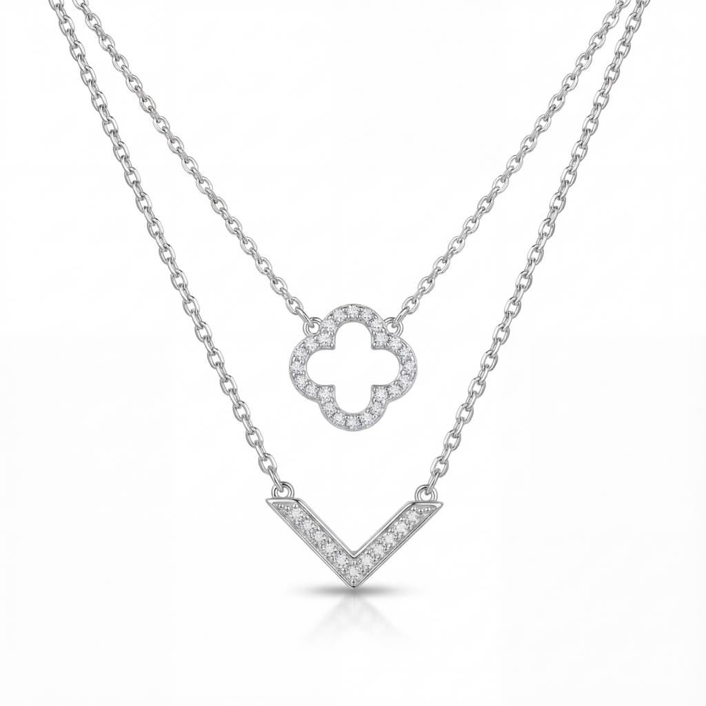 Korean Aura Tiered Clover & Chevron Layered Necklace : YUFSNL235