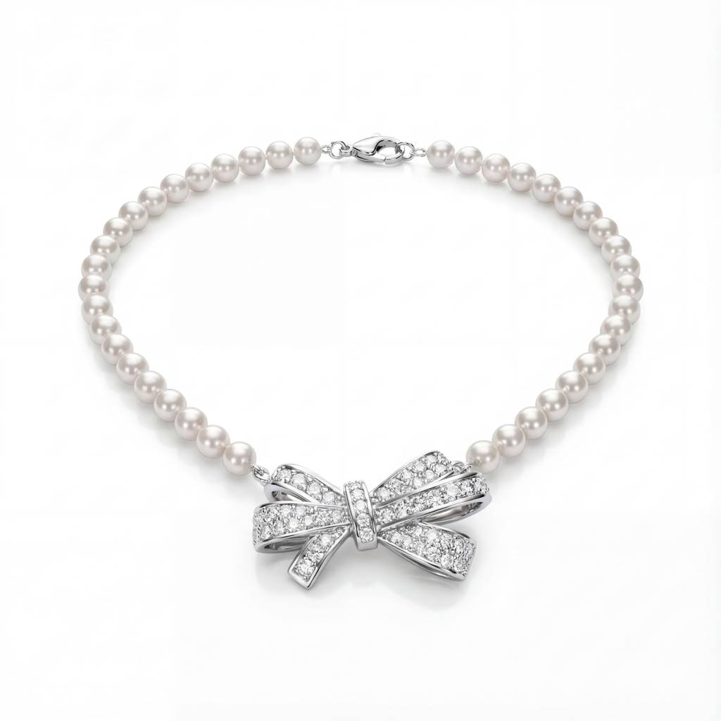 Korean Radiant Pave Bow Pearl Necklace : YUFSNL247