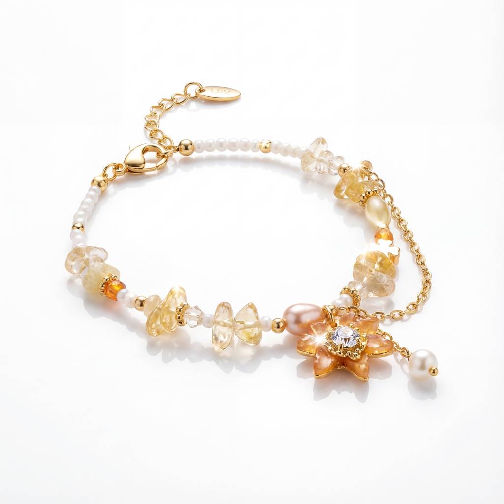 Korean Golden Sunburst Citrine & Pearl Floral Bracelet : YUFSBR204