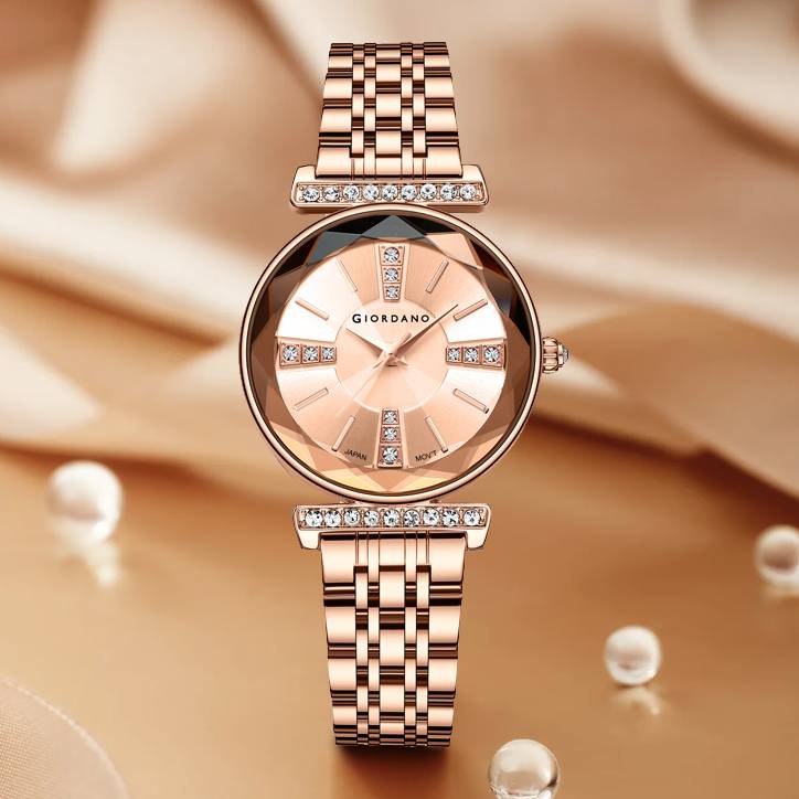 Giordano Stylish Diamond Studded Analog Wrist Watch For Women With Elegant Diamond Cut Glass And Glass Coated St : GZ-60084-33