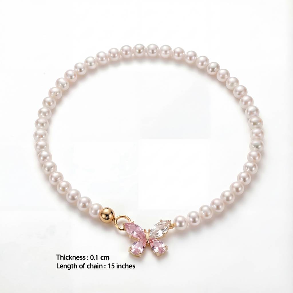 Korean Pink Crystal Butterfly Pearl Choker : YUFSNL249
