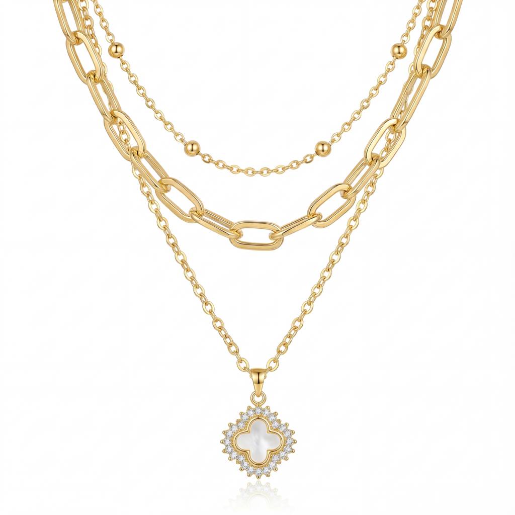 Korean Gold Clover Layered Charm Necklace : YUFSNL253