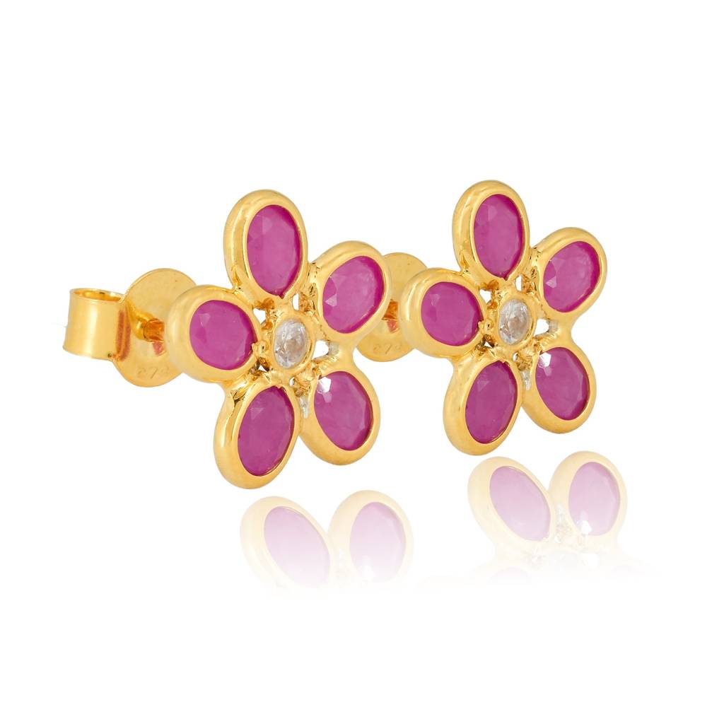 Ruby Flower Stud Earrings With Cz Center In 18K Gold-Plated 925 Silver : ER0007