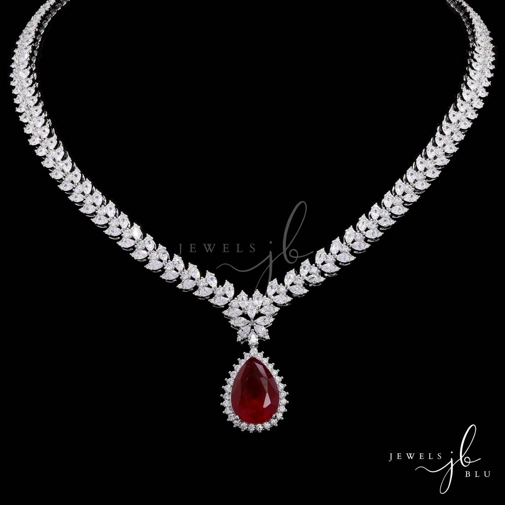 Premium Ruby And Marquise Diamond Beyonce Necklace Set With Earrings : 800002