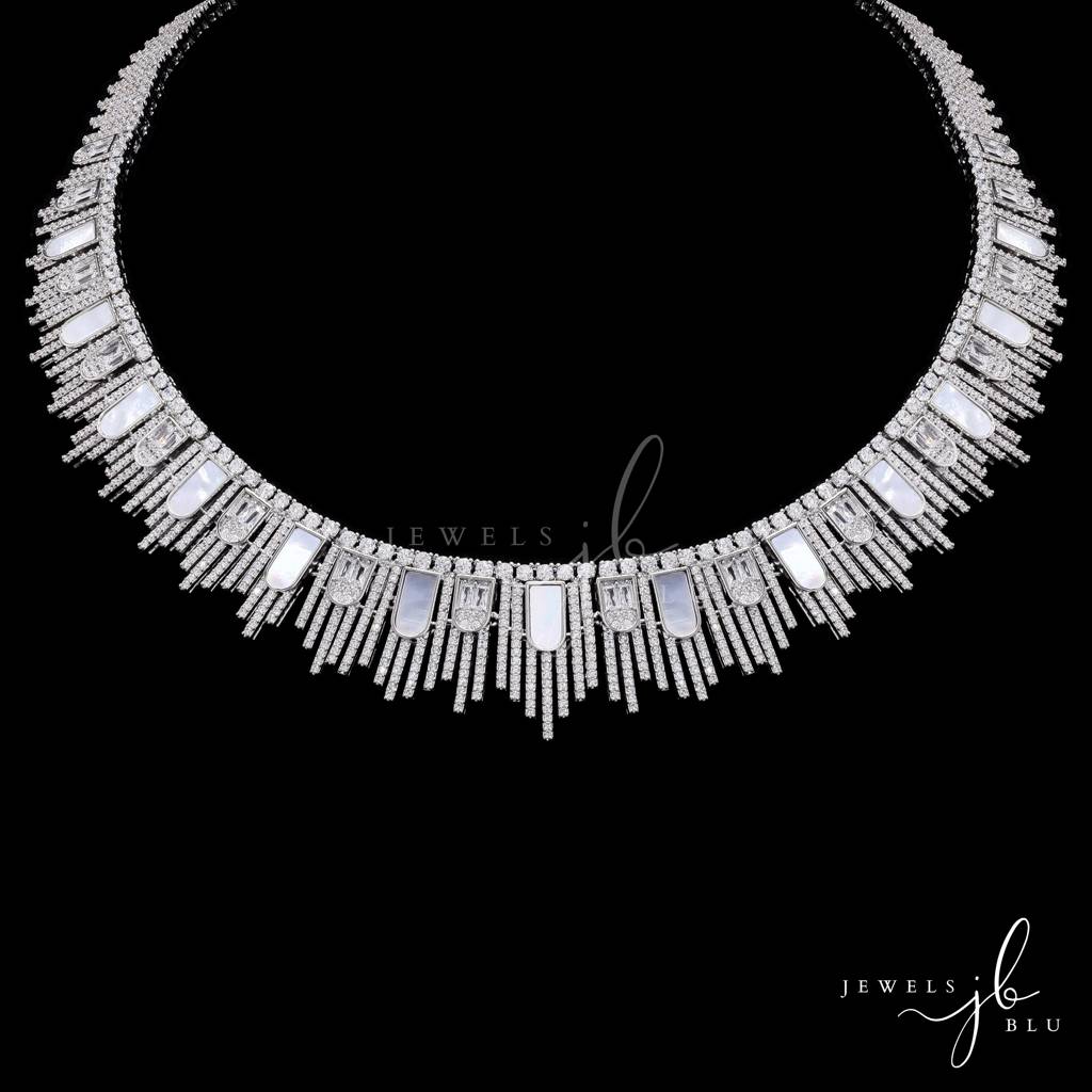 Premium Mother Of Pearl And American Diamond Jonita Cocktail Necklace Set With Earrings : 800004