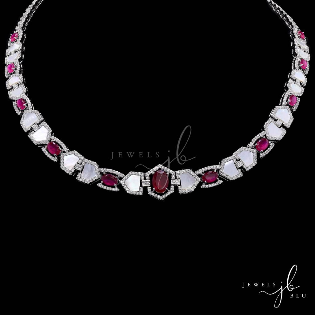 Premium Ruby And Mother Of Pearl Janice Necklace Set With Earrings : 800005