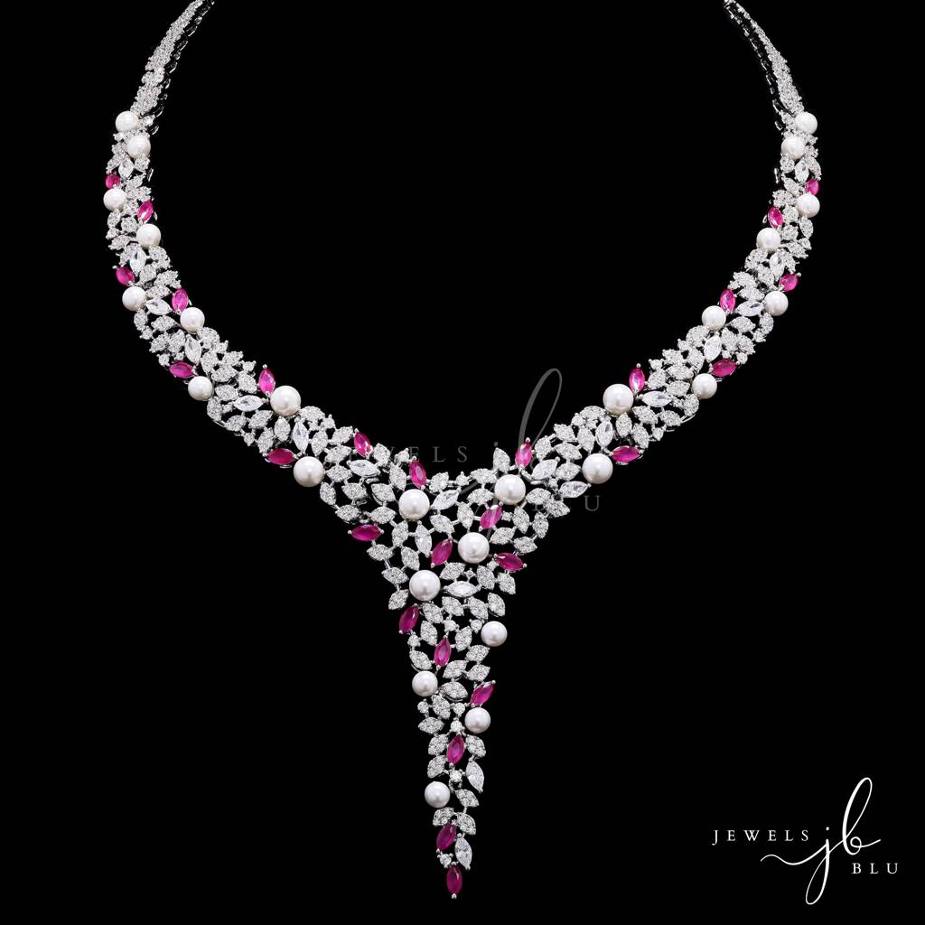 Fresh Water Pearl And Ruby Cocktail Necklace Set With Earrings : 800009