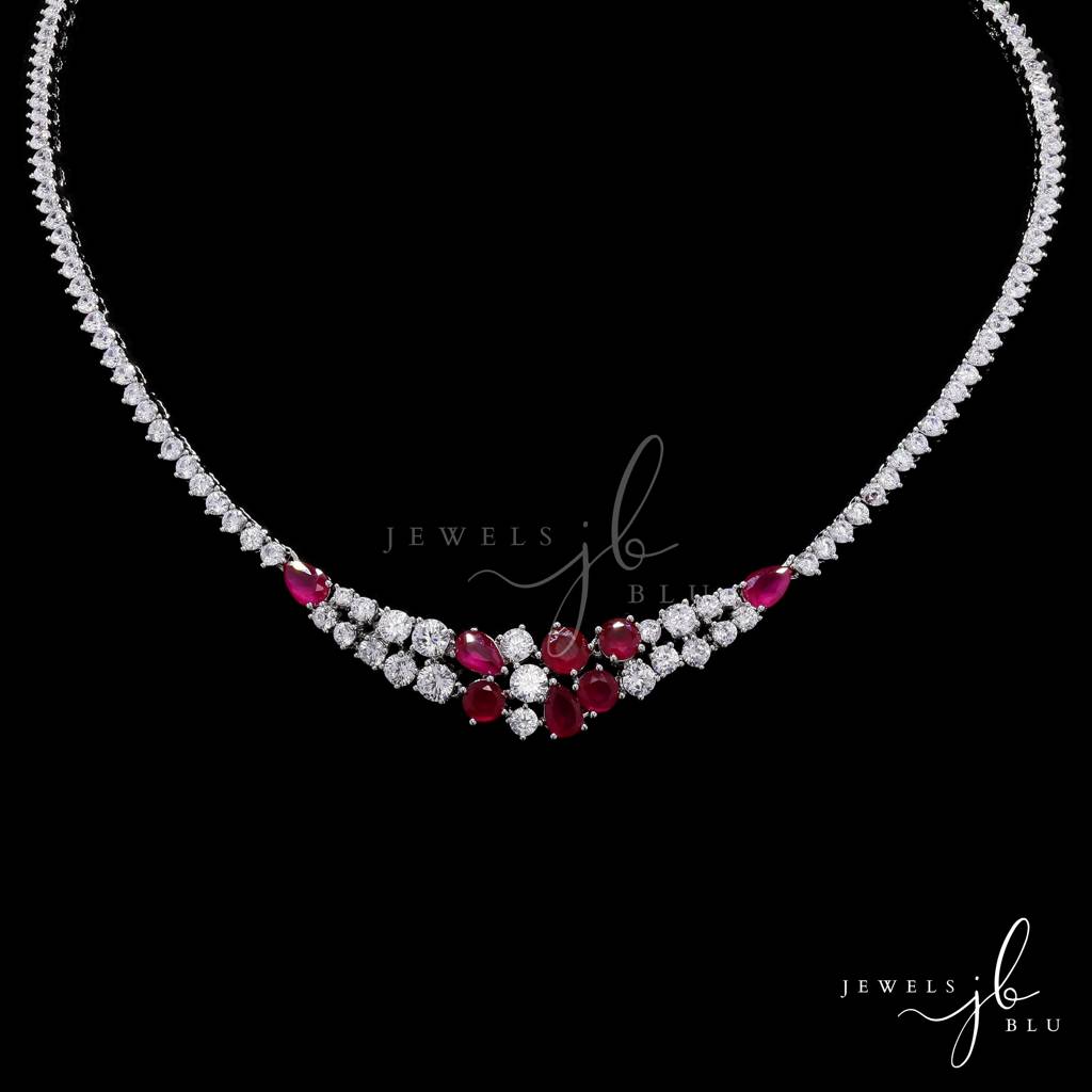 Premium Ruby And Solitaire Valetta Bridal Necklace Set With Earrings : 800011