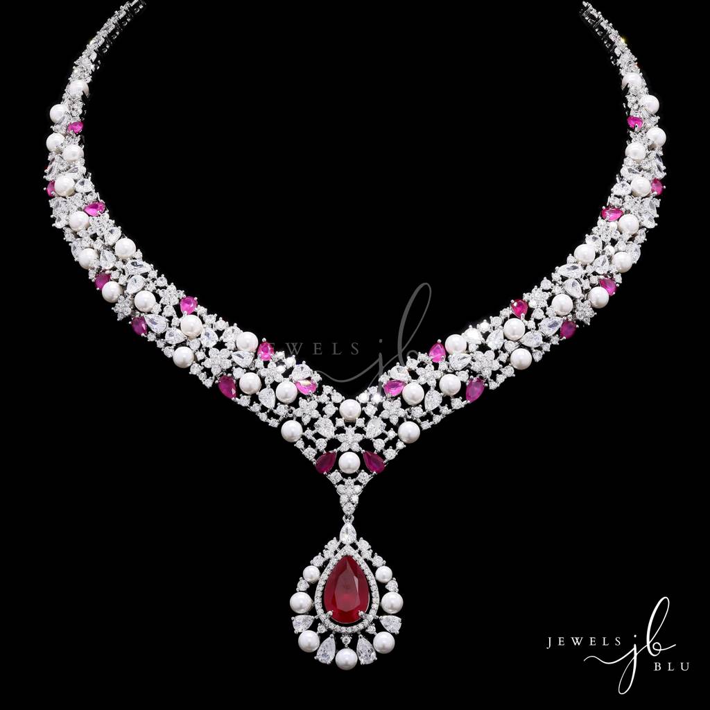 Premium Ruby Drop And Fresh Water Pearl Nytara Necklace Set With Earring : 800014