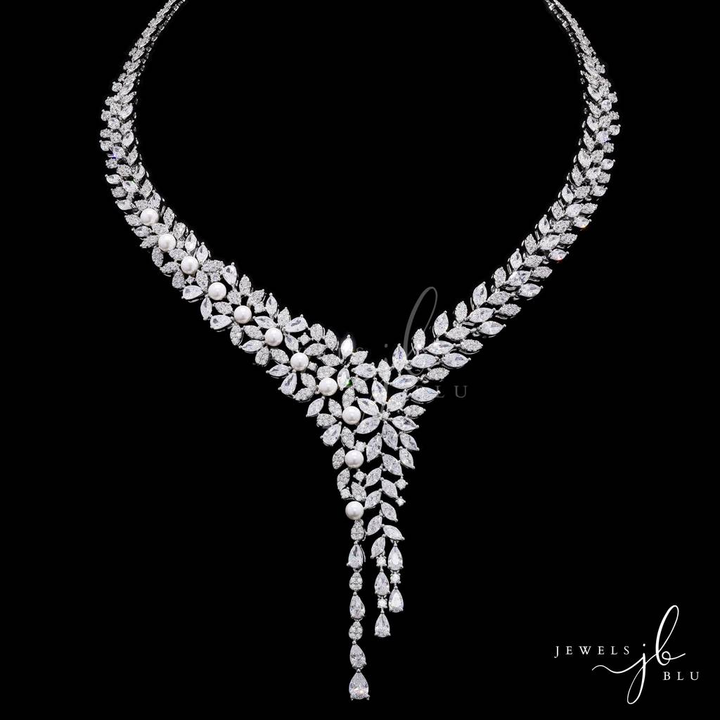 Fresh Water Pearl And Marquise Diamond Cocktail Necklace Set With Earrings : 800022