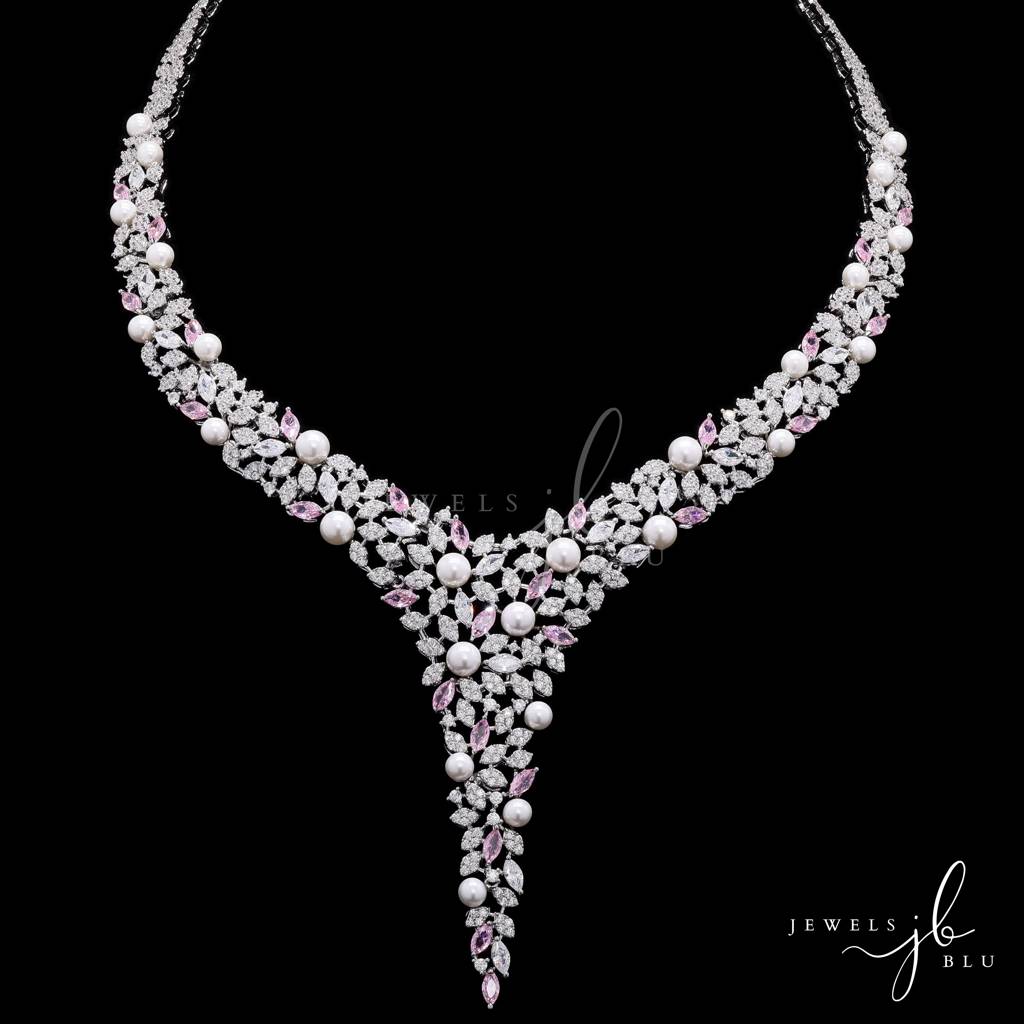 Premium Pink Marquise Diamond And Fresh Water Pearl Solace Cocktail Necklace Set With Earrings : 800025