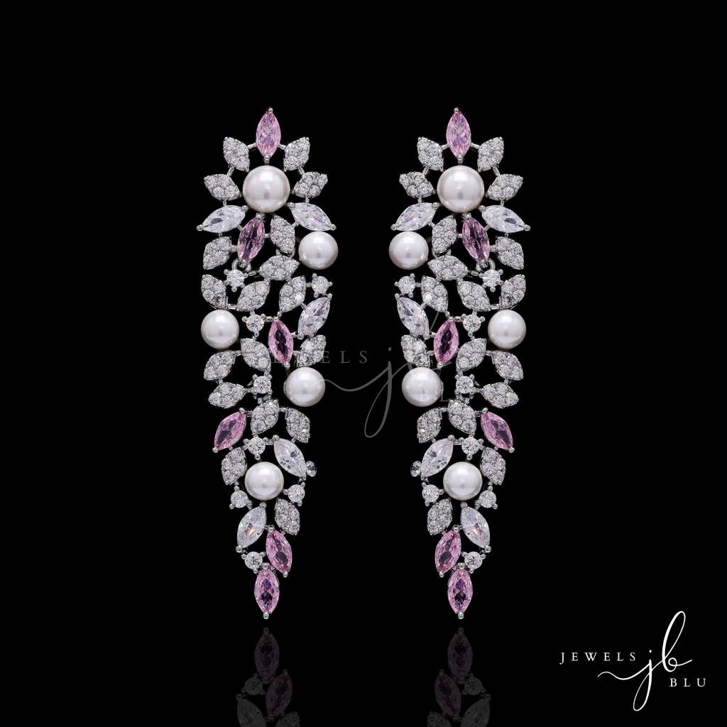 Premium Pink Marquise Diamond And Fresh Water Pearl Solace Cocktail Necklace Set With Earrings : 800025