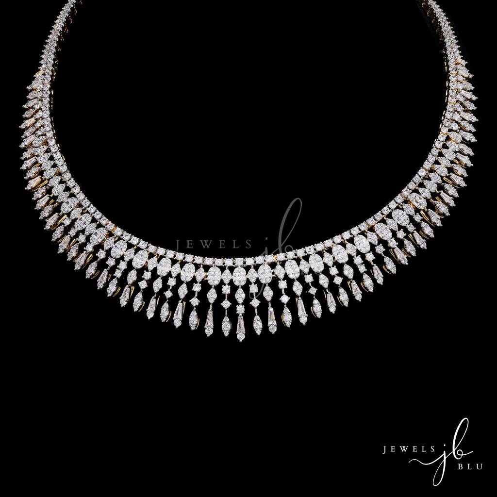 Premium Solitaire Pointer And Octa Setting Yuvi Gold Finish Bridal Necklace Set With Earrings : 800030