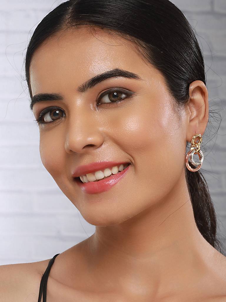 Anti-Tarnish Rose Gold 3 Toned Circular Hoops Drop Earrings : STER8009