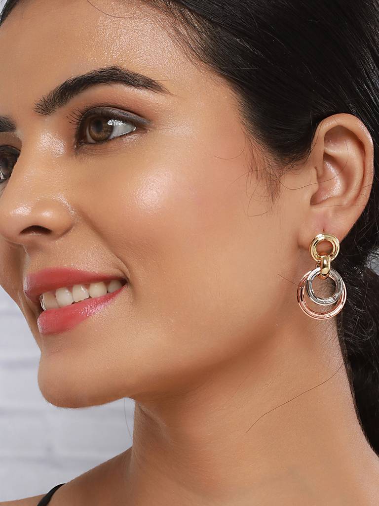 Anti-Tarnish Rose Gold 3 Toned Circular Hoops Drop Earrings : STER8009