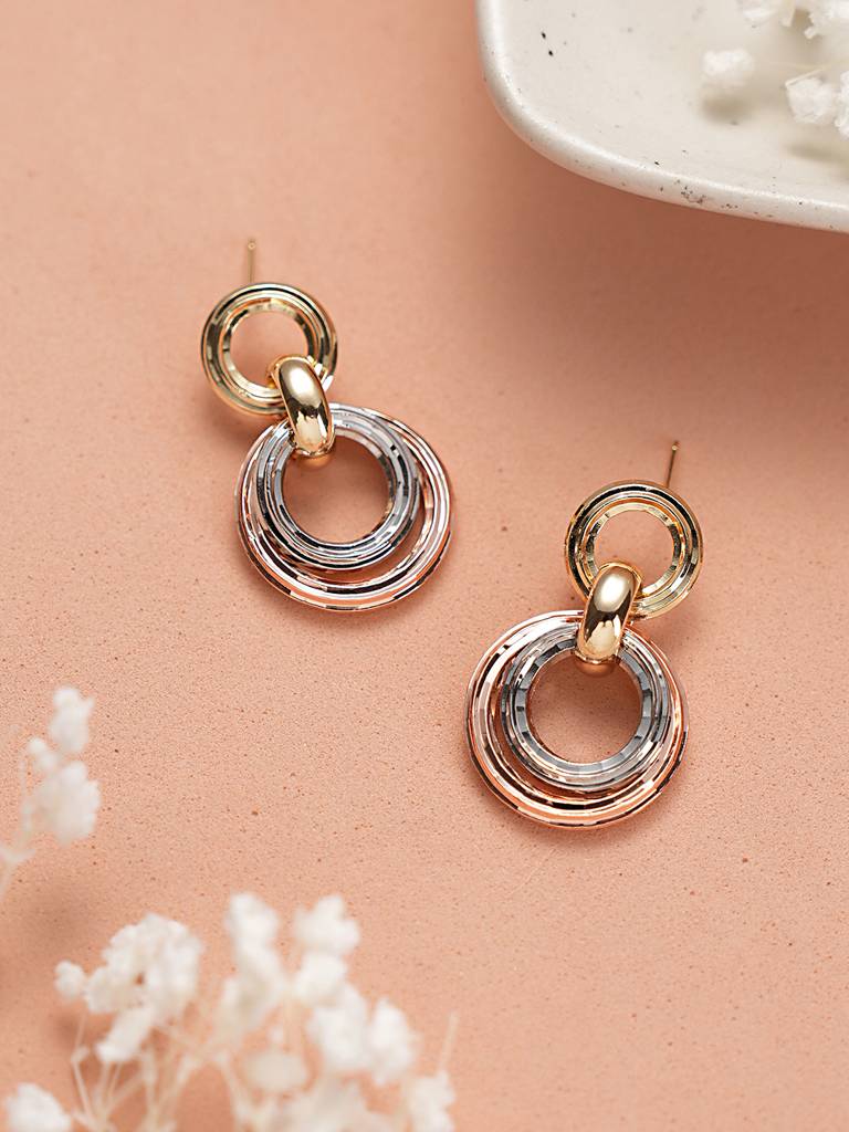 Anti-Tarnish Rose Gold 3 Toned Circular Hoops Drop Earrings : STER8009