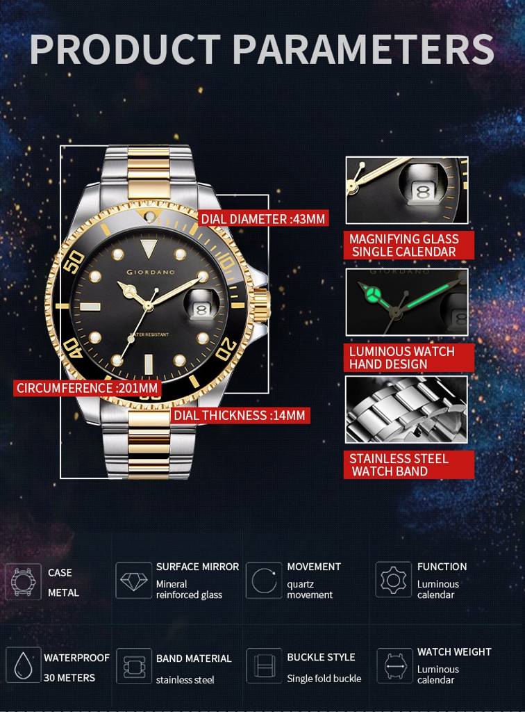 Analog Wrist Watch For Men Stylish Metal Strap With Water Resistant 3 Hand Mechanism Watch : GD-50006-55