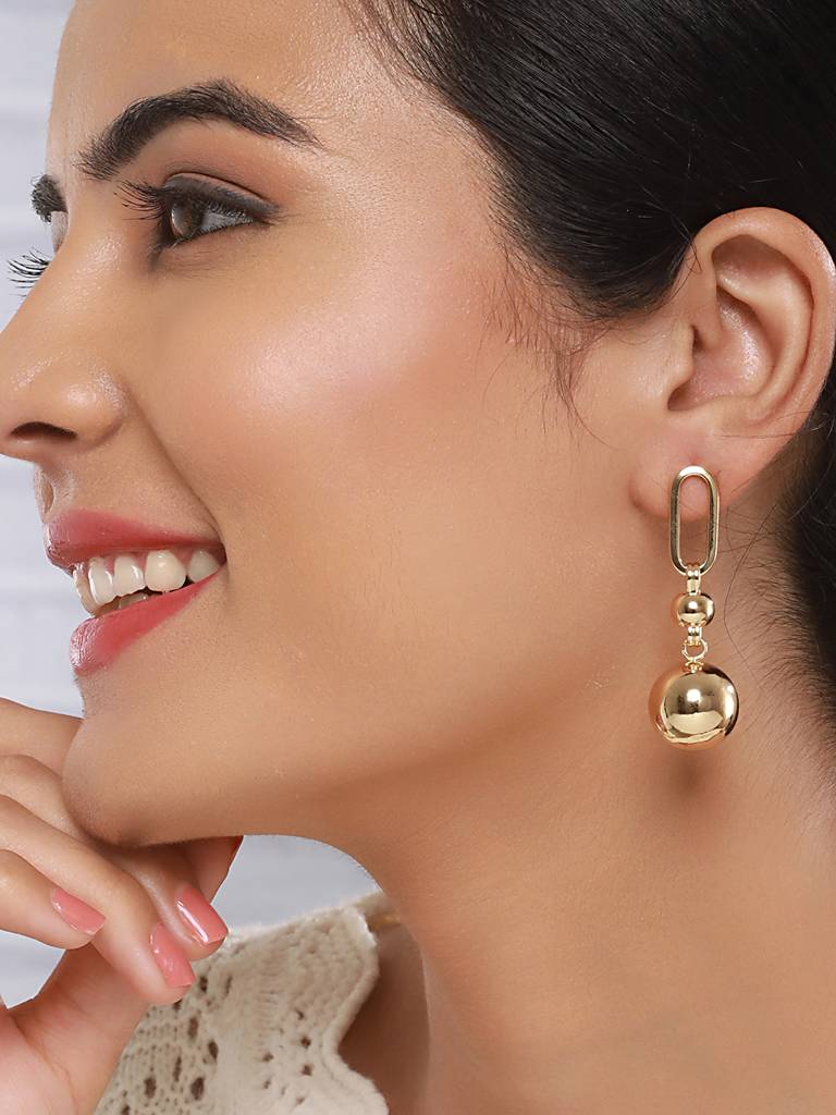 Anti-Tarnish Gold Toned Ball Loop Hoop  Dangler Earrings : STER8016