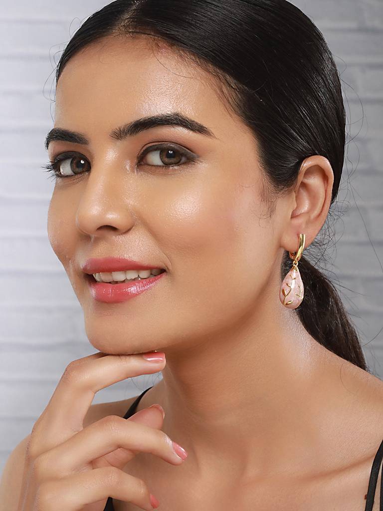 Anti-Tarnish 18 K Gold Plated & Enamelled Tear Shaped Floral Hoop Earrings : STER8019