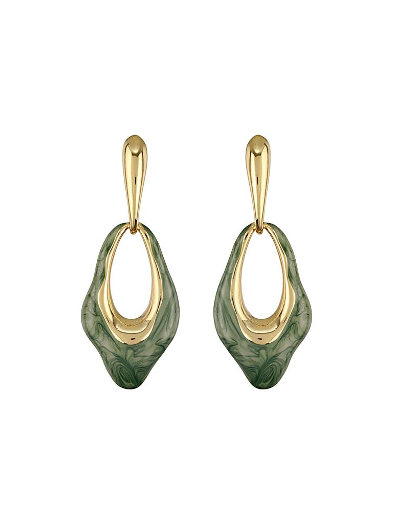 Anti-Tarnish 18K Gold Plated & Emarald Enamelled Hollow Drop Contemporary Earrings : STER8020
