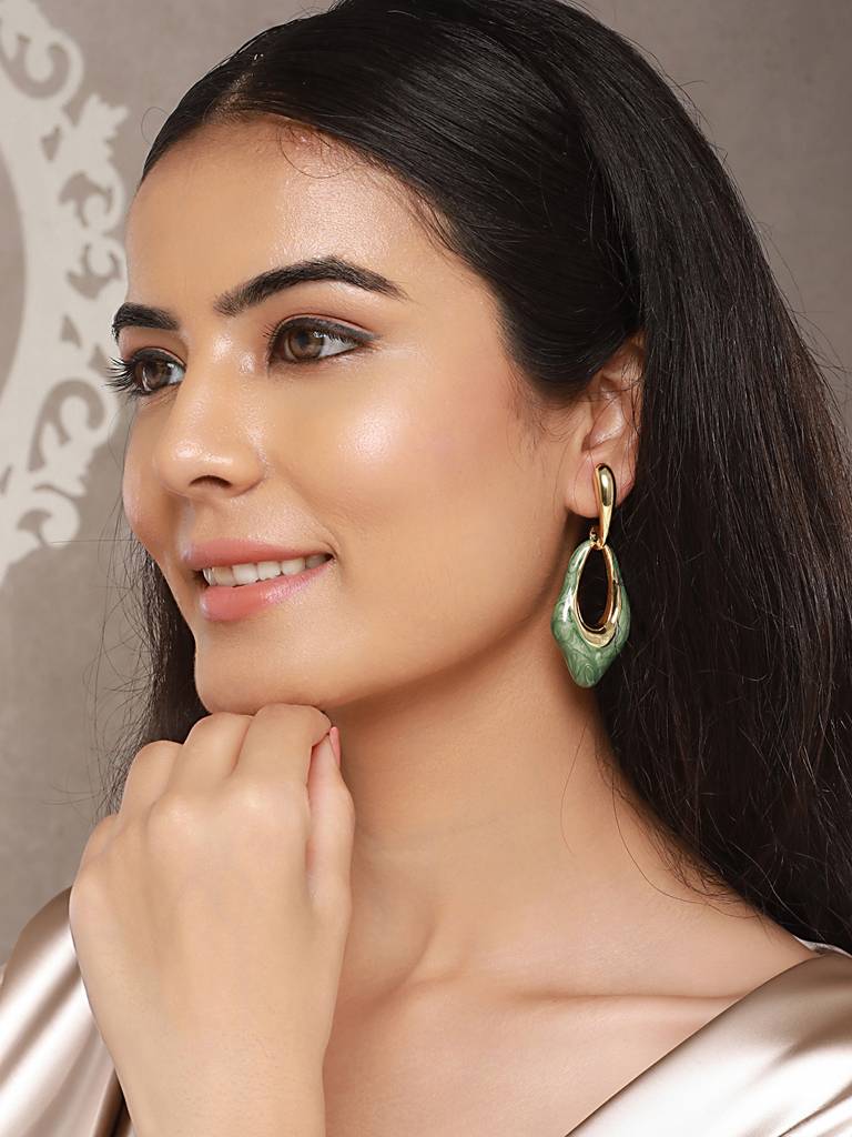 Anti-Tarnish 18K Gold Plated & Emarald Enamelled Hollow Drop Contemporary Earrings : STER8020