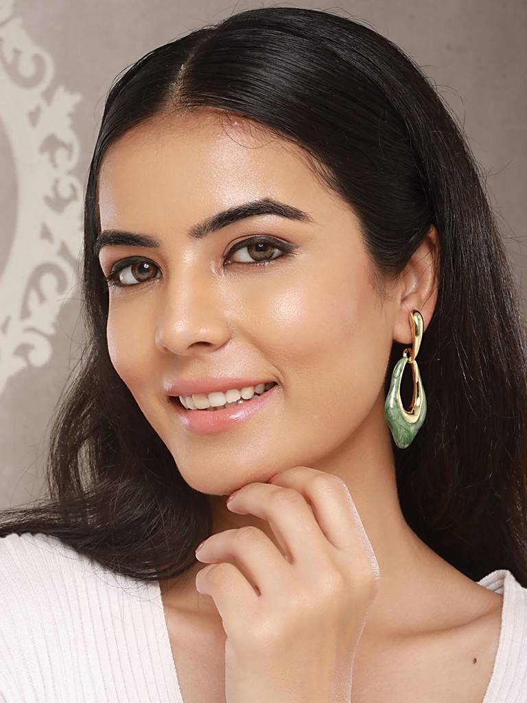 Anti-Tarnish 18K Gold Plated & Emarald Enamelled Hollow Drop Contemporary Earrings : STER8020