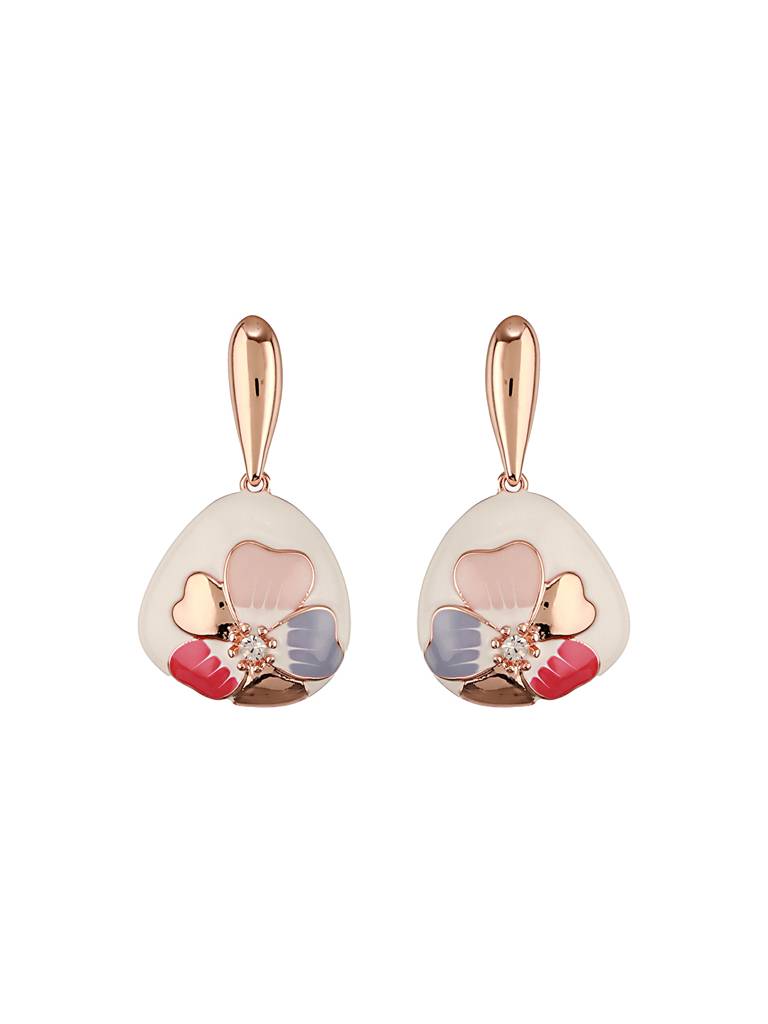 Anti-Tarnish 18K  Gold Plated Off White Enamelled Floral Statement Dangler Earrings : STER8024
