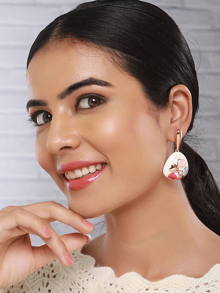 Anti-Tarnish 18K  Gold Plated Off White Enamelled Floral Statement Dangler Earrings : STER8024
