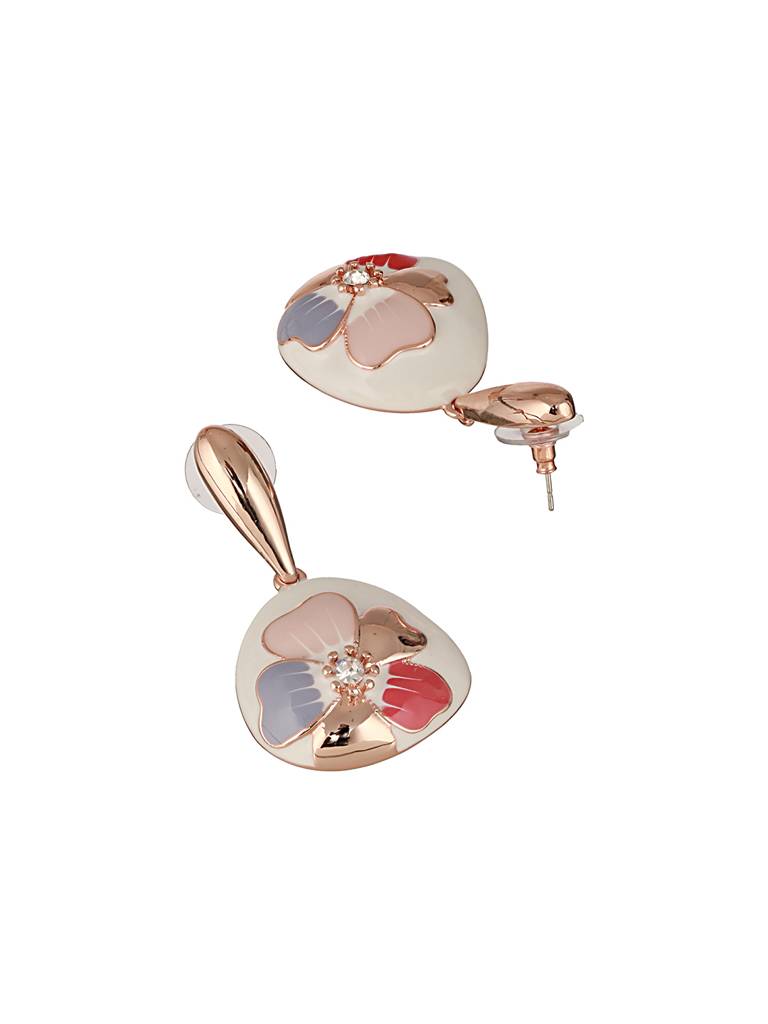 Anti-Tarnish 18K  Gold Plated Off White Enamelled Floral Statement Dangler Earrings : STER8024