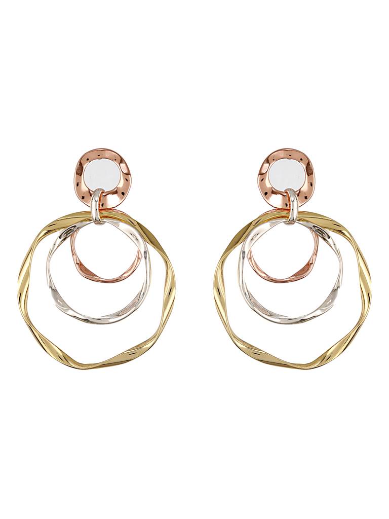 Anti-Tarnish 3 Tone Concentric Handmade Dangler Hoop Earrings : STER8025