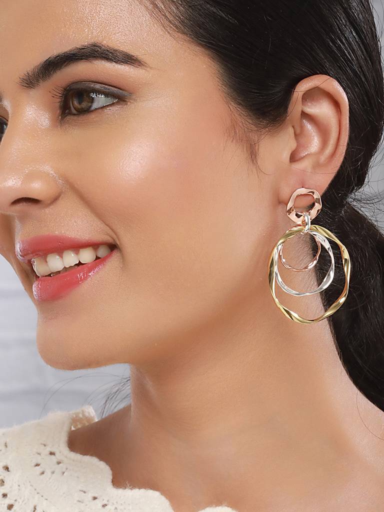 Anti-Tarnish 3 Tone Concentric Handmade Dangler Hoop Earrings : STER8025
