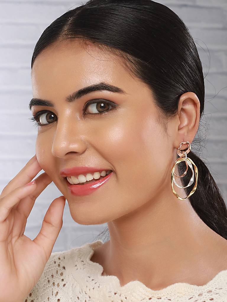 Anti-Tarnish 3 Tone Concentric Handmade Dangler Hoop Earrings : STER8025