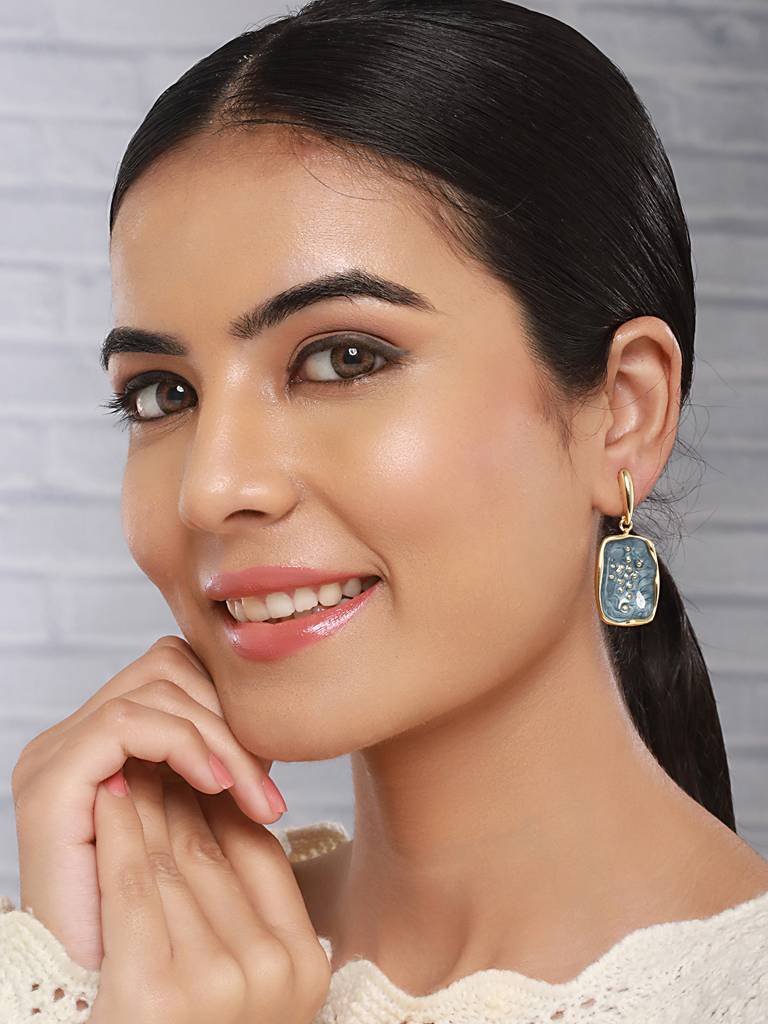 Anti-Tarnish 18K Gold Plated Grey Enamelled Golden Dot Drop Earrings : STER8027