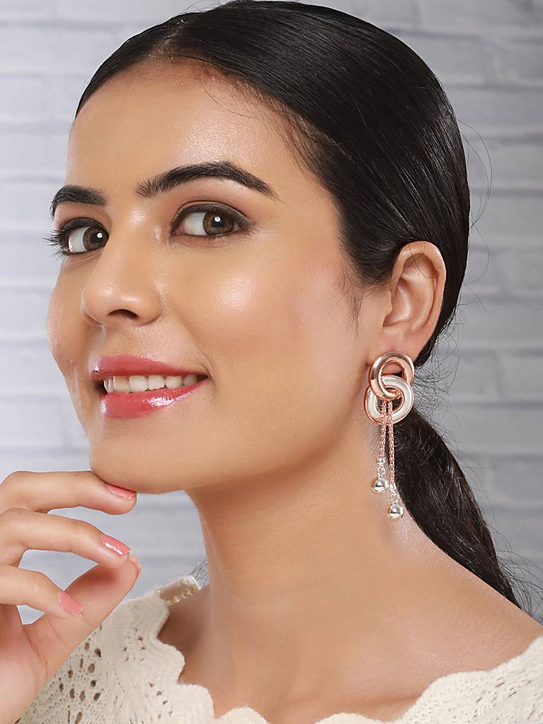 Anti-Tarnish Rose Gold 2 Toned Circular Knotted  Dangling Earrings : STER8028