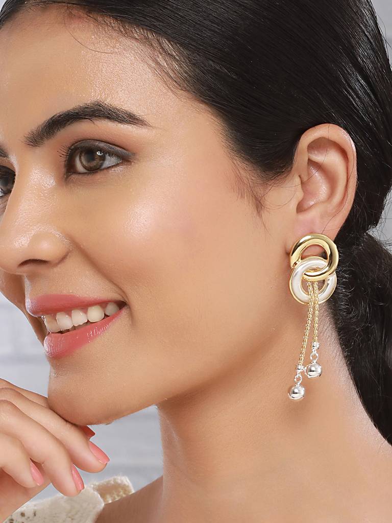 Anti-Tarnish 18K Gold Plated & Enamelled Eliptical Leafy Dangler Earrings : STER8029